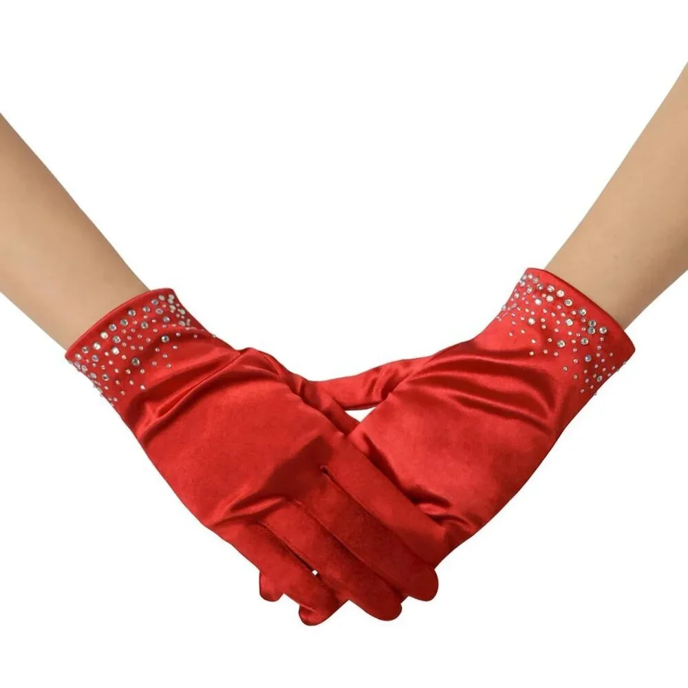 Women's Red Sparkly Glitter Rhinestone Stretchy Satin Wrist Length Gloves